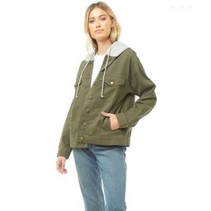 Forever21 | Army Green Button-up Jacket with Grey Hood